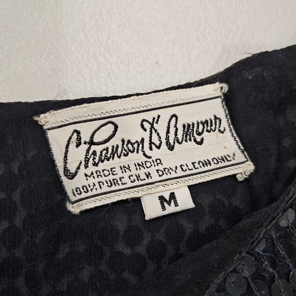 Vtg 80s Chanson D'Amour Beaded Sequin Top Size M Silk Cropped Black Whimsigoth - Picture 7 of 9